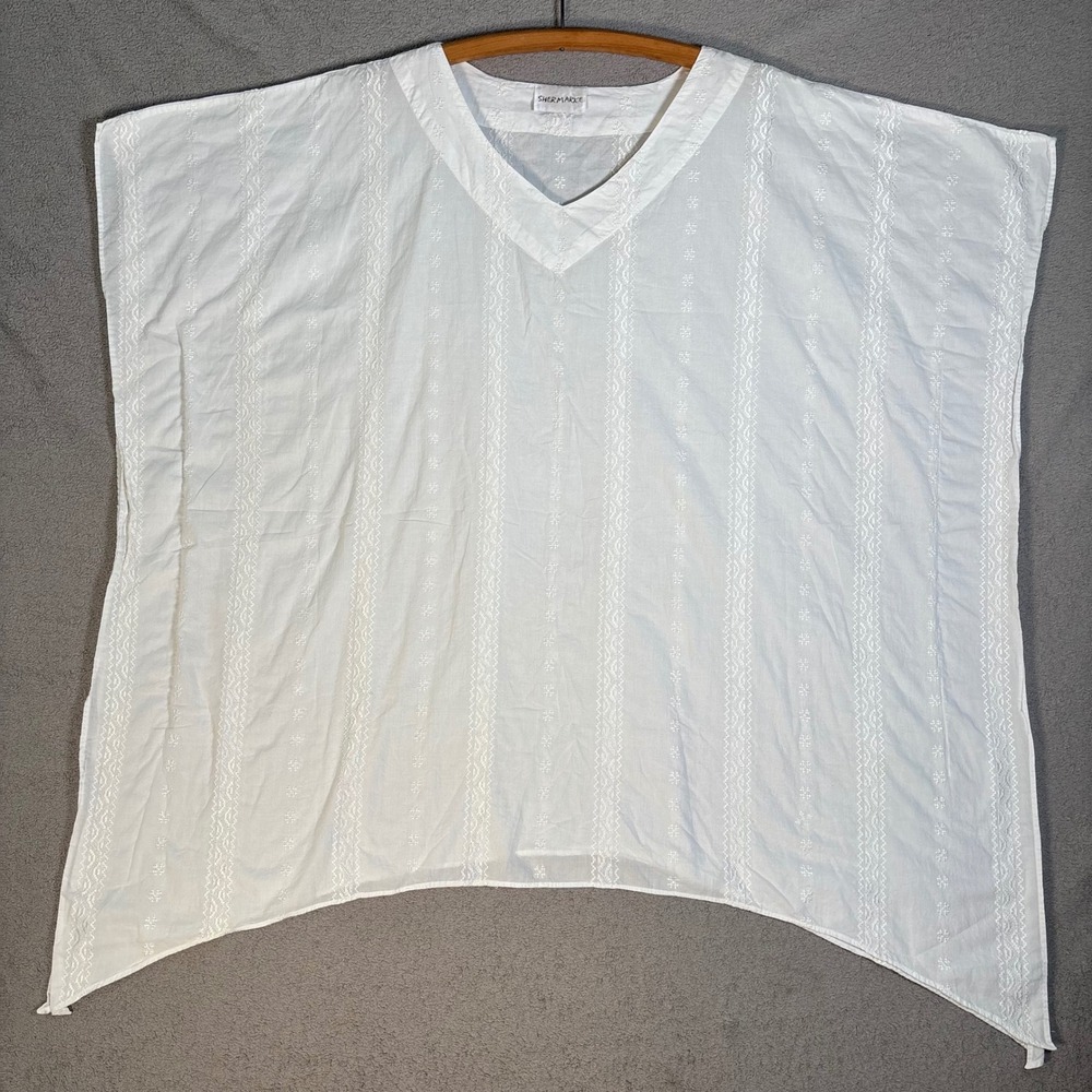 Shermarke‎ White Embroidered V-Neck Kaftan Tunic Top Oversized Flowy Lagenlook